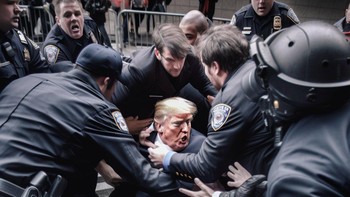 Foto-foto yang telah dilihat jutaan kali itu menunjukkan Trump berteriak dan melawan setidaknya lima polisi dari NYPD. Foto: Twitter @EliotHiggins