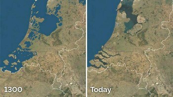 Penampakan pulau reklamasi di Belanda tahun 1300 dibandingkan dengan era sekarang. Foto: ElPolloPayaso via Bored Panda