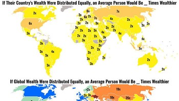 Peta pembagian kekayaan global dan lokal dibagikan secara rata kepada semua penduduk. Rata-rata kekayaan penduduk Indonesia akan jadi 35 kali lebih baik jika kekayaan global dibagi rata dan 5 kali lebih baik jika kekayaan negara dibagi rata. Foto: summersunsun via Bored Panda