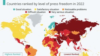 Peta tingkat kebebasan pers di dunia, negara tertinggi adalah Norwegia, Denmark dan Swedia. Sementara terendah dipegang Iran, Eritrea dan Korea Utara. Indonesia, maknai sendiri warnanya ya... Foto: madneon via Bored Panda