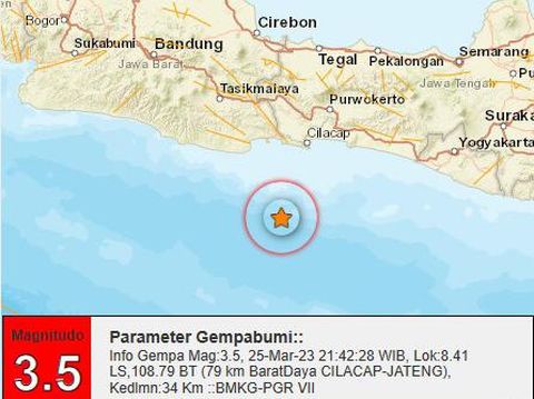 Gempa di perairan Cilacap, Sabtu (25/3/2023) malam.