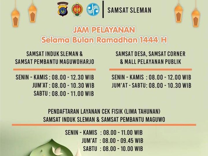 Jadwal Pelayanan Samsat Sleman saat Ramadan 2023.