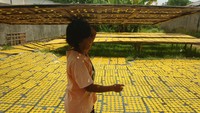 Pekerja menjemur kerupuk mie di Desa Harjosari, Kabupaten Tegal, Jawa Tengah, Sabtu (25/3/2023).