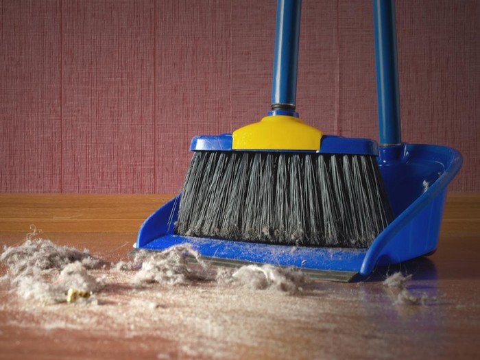Dust on a house floor and floor brush with dustpan background. Home cleaning concept.