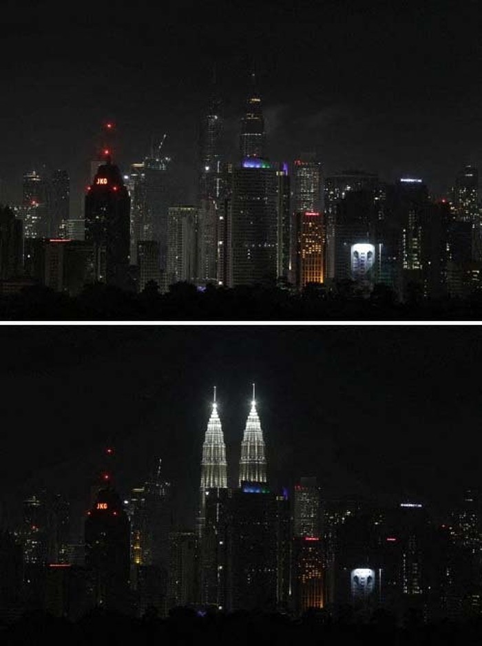 Ada Earth Hour, Pesona Menara Petronas Padam Sejenak A combination picture shows a view of Kuala Lumpur's skyline with Petronas Twin Tower at the centre, during and after observing Earth Hour, in Kuala Lumpur, Malaysia March 25, 2023. REUTERS/Hasnoor Hussain