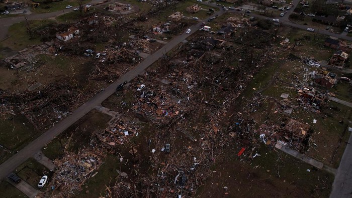 An aerial view of the town of Rolling Fork after thunderstorms spawning high straight-line winds and tornadoes ripped across the state in Rolling Fork, Mississippi, U.S., March 25, 2023. REUTERS/Cheney Orr