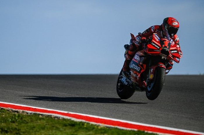 Ducati Italian rider Francesco Bagnaia rides during the warm-up before the MotoGP race of the Portuguese Grand Prix at the Algarve International Circuit in Portimao, on March 26, 2023. (Photo by PATRICIA DE MELO MOREIRA / AFP)