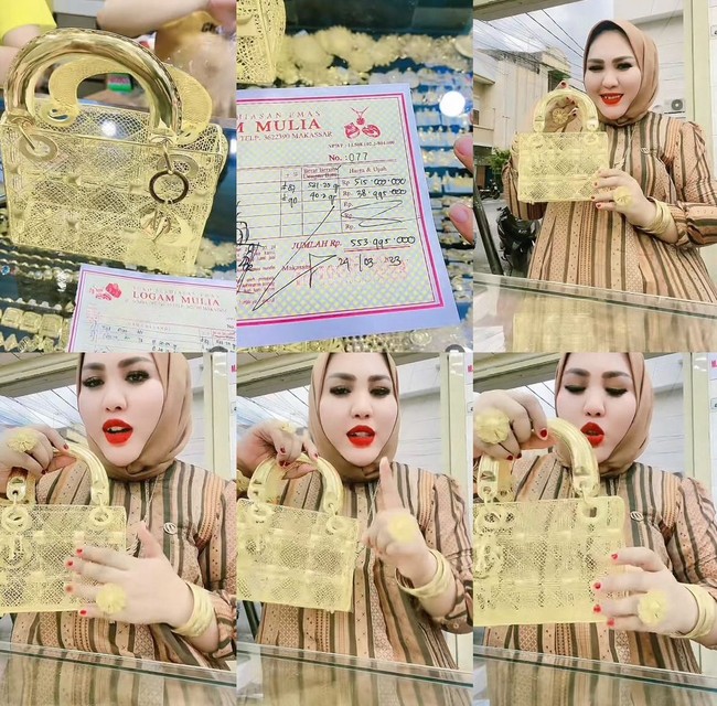 Mira Hayati pernah viral karena video membeli tas emas yang harganya Rp 515 Juta. Dalam unggahan di akun TikToknya @_mirahayati, dia menunjukkan nota pembayaran tas emas yang desainnya mirip dengan tas Lady Dior dan dibelinya pada 24 Maret 2023. Tas tersebut terbuat dari emas berat 531,25 gram yang kadarnya sekitar 87% dengan harga Rp 515 juta. Foto: Dok. TikTok @_mirahayati.
