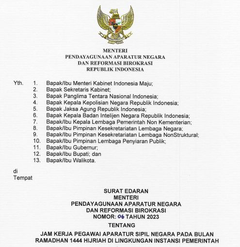 Pemerintah menerbitkan edaran jam kerja di bulan Ramadan 2023. Edaran itu bertujuan untuk mengatur jam kerja bagi seluruh ASN selama bulan Ramadan 1444 H.