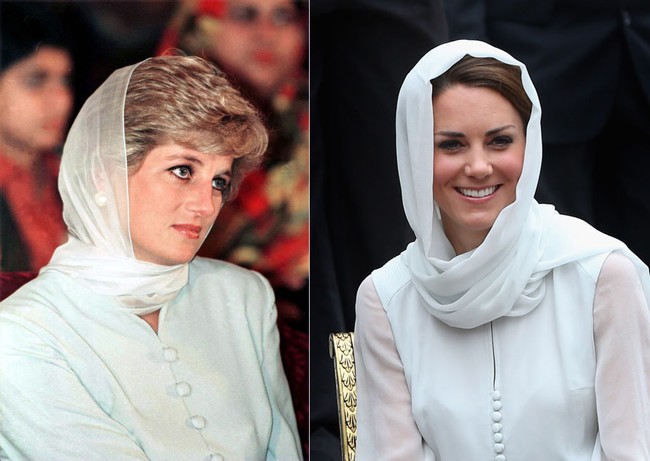 Penampilan kate Middleton berkurudung di Malaysia ini mirip dengan gaya mendiang mertuanya Putri Diana saat mengunjungi Pakistan pada 1996. Foto: Getty Images