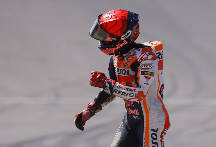 MotoGP - Portuguese Grand Prix - Algarve International Circuit, Portimao, Portugal - March 26, 2023 Repsol Honda Teams Marc Marquez reacts after crashing during the race REUTERS/Marcelo Del Pozo