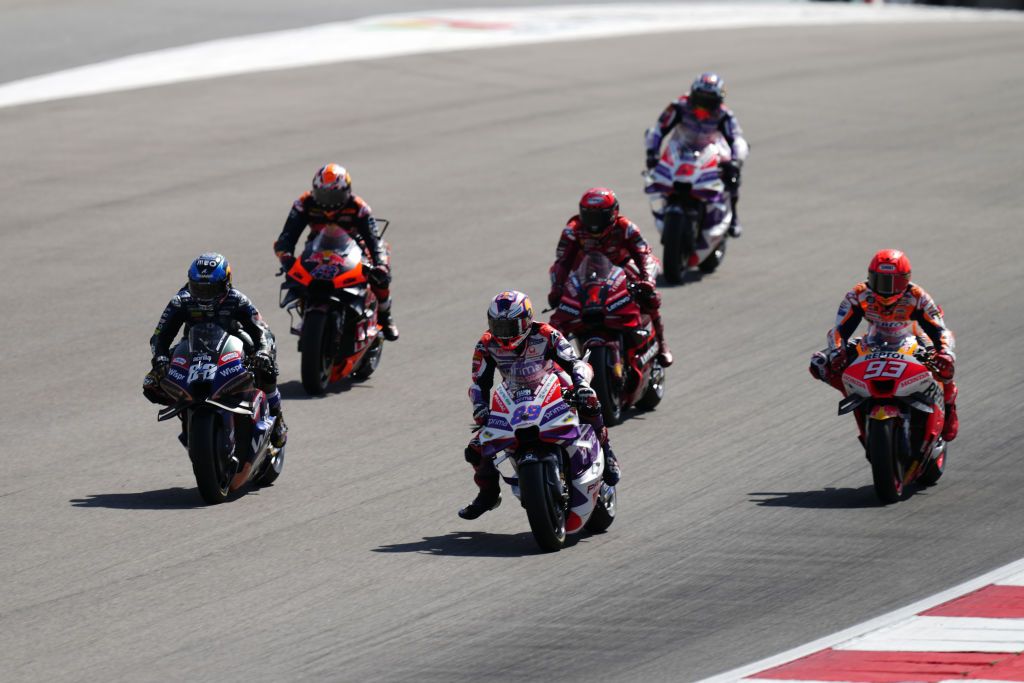 PORTIMAO, PORTUGAL - MARCH 26: Miguel Oliveira (88) of Portugal and CryptoDATA RNF MotoGP Team, Jorge Martin (89) of Spain and Prima Pramac Racing Ducati and Marc Marquez (93) of Spain and Repsol Honda Team Honda during the MotoGP Of Portugal - Race at Autodromo do Algarve on March 26, 2023 in Lagoa, Algarve, Portugal. (Photo by Jose Hernandez/Anadolu Agency via Getty Images)