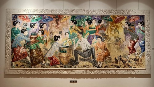 Lukisan bertajuk Mr. Jokowi in Traditional Market karya maestro Nyoman Gunarsa di Griya Santrian Gallery Sanur, Denpasar, Bali pada Senin (27/3/2023). (Ni Made Lastri Karsiani Putri-detikBali)