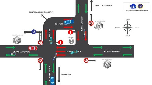 Dari arah timur ke barat (dari Denpasar) kendaraan hanya boleh lurus ke shortcut baru, dan hanya boleh belok kiri ke Pantai Berawa. Tanda panah merah menunjukkan jalur satu arah.