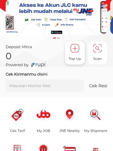 Halaman utama aplikasi MyJNE