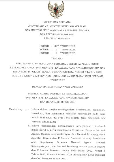 SKB cuti bersama 2023 PDF telah dirilis pemerintah. Hal ini berkaitan dengan hari libur nasional dan cuti bersama 2023 terbaru usai perubahan cuti Lebaran 2023.