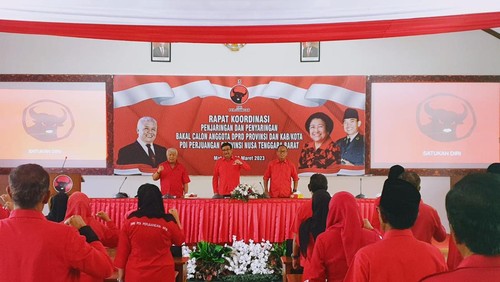 PDIP NTB gelar Rakor penjaringan dan penyaringan bakal calon legislatif DPRD Provinsi dan Kabupaten kota di Kota Mataram, Selasa malam (28/3/2023). Foto: istimewa.
