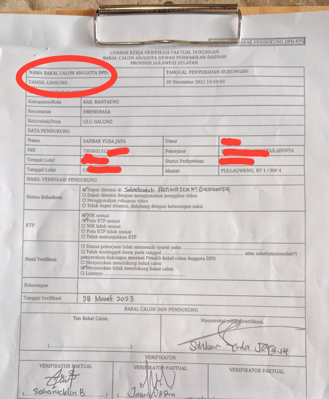 Warga di Bantaeng mengaku namanya dicatut bacalon anggota DPD Tamsil Linrung.
