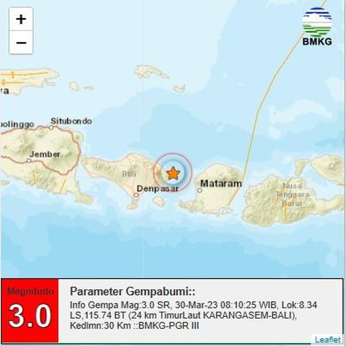 Gempa magnitudo 3,0 mengguncang wilayah Kabupaten Karangasem, Bali, pukul 09.10 Wita, Kamis (30/3/2023).