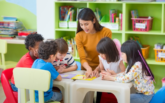 Asian female teacher teaching mixed race kids reading book in classroom,Kindergarten pre school concept