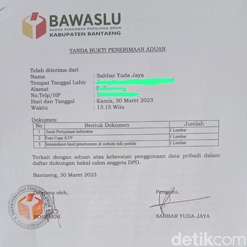 Bukti laporan Sahbar Yudha Jaya ke Bawaslu Bantaeng soal pencatutan namanya oleh bacalon DPD Tamsil Linrung.