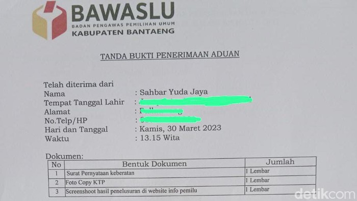 Bukti laporan Sahbar Yudha Jaya ke Bawaslu Bantaeng soal pencatutan namanya oleh bacalon DPD Tamsil Linrung.
