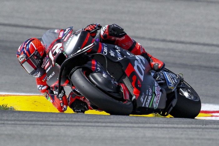 PORTIMAO, PORTUGAL  - MARCH 26: Maverick Vinales of Aprilia Racing in action during the MotoGP race of Portugal Grand Prix on March 26, 2023, held at Algarve International Circuit in Portimao, Portugal.  (Photo by Hazrin Yeob Men Shah/Icon Sportswire via Getty Images)