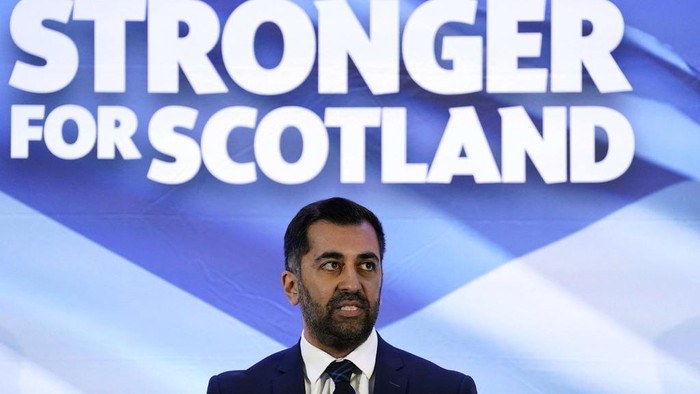 Humza Yousaf, with his wife Nadia El-Nakla, daughter Amal, three, and step-daughter Maya, left, pose for a photo, at Bute House, ahead of his first cabinet meeting as the newly elected First Minster of Scotland, in Edinburgh, Wednesday March 29, 2023. Yousaf was confirmed as first minister of Scotland on Tuesday, becoming the first person of color to head the Scottish government, and the first Muslim national leader in any Western democracy. (Andrew Milligan/PA via AP)