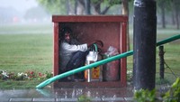 Seorang penjual permen kapas berlindung di sebuah kotak kecil di New Delhi, India, Kamis (30/3/2023).