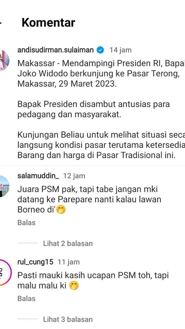Tangkapan layar komentar salah satu netizen di postingan Instagram Gubernur Sulsel Andi Sudirman Sulaiman.