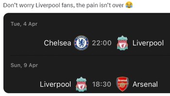 Dan penderitaan Liverpool belum berakhir. Habis ini lawan Chelsea dan Arsenal. Nah lho! Foto: (Twitter)