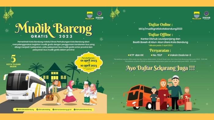 Pemkot Bandung melalui Dinas Perhubungan (Dishub) menggelar program mudik gratis dengan tujuan sejumlah wilayah di Jawa Barat hingga Yogyakarta.