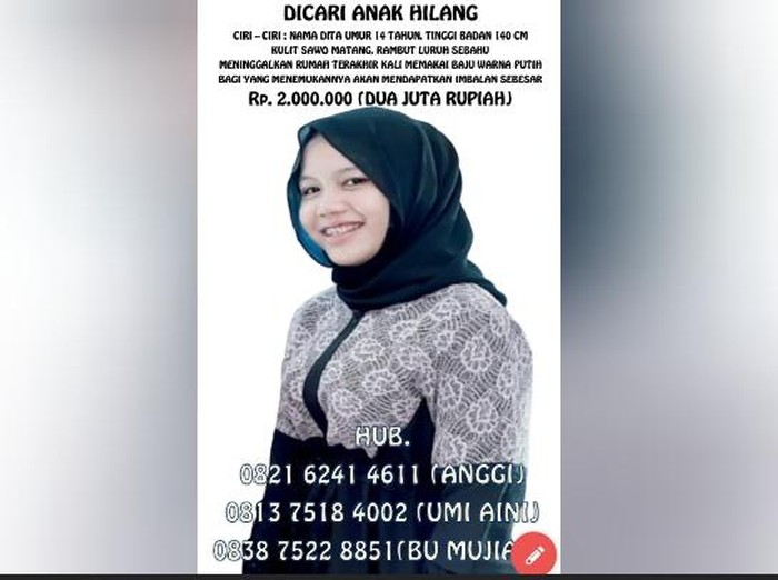Pengumuman sayembara mencari orang hilang berhadiah Rp 2 juta (Foto: Istimewa)