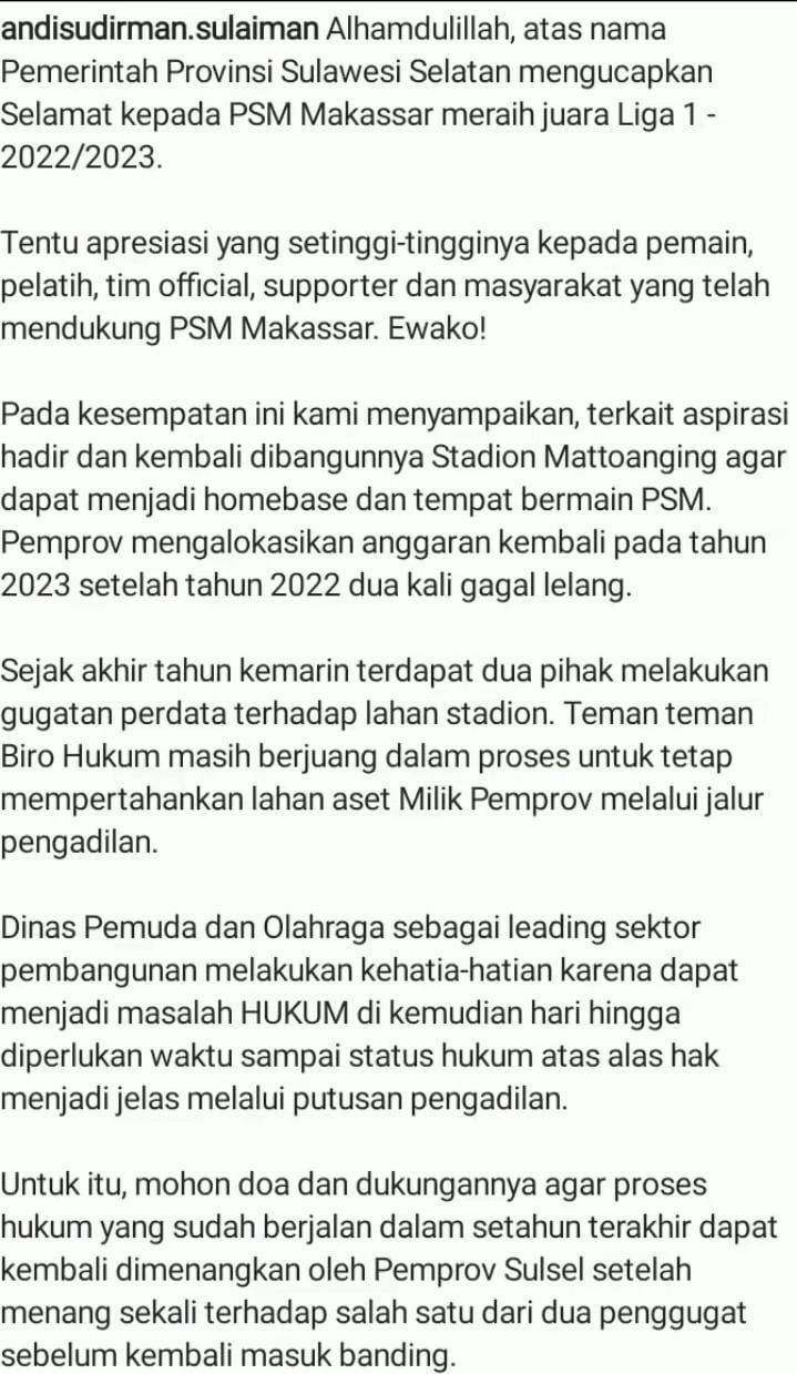 Postingan Gubernur Sulsel Andi Sudirman Sulaiman di Instagramnya.