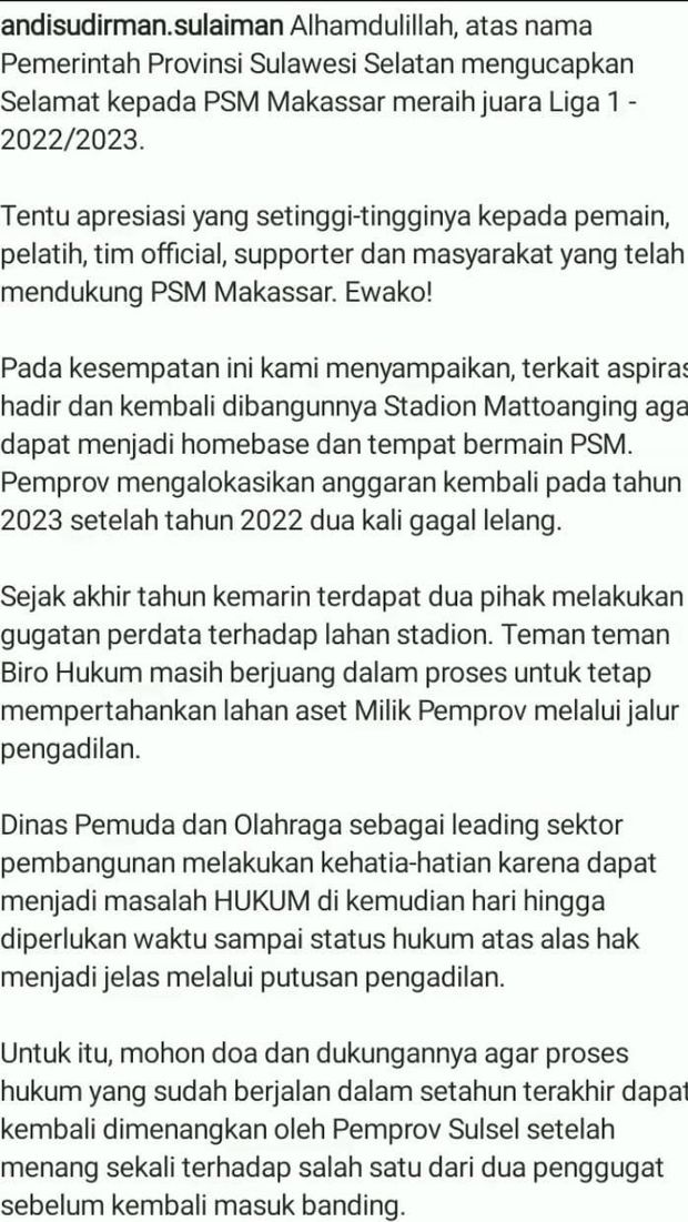Postingan Gubernur Sulsel Andi Sudirman Sulaiman di Instagramnya.