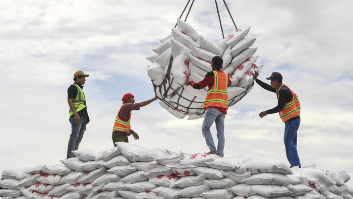 Pekerja melakukan bongkar muat gula kristal putih impor di Pelabuhan Tanjung Priok, Jakarta, Sabtu (1/4/2023). Holding Pangan ID Food mendatangkan Gula Kristal Putih (GKP) impor tahap pertama sebanyak 107.900 ton untuk menjaga ketersediaan dan stabilisasi harga gula serta memenuhi kebutuhan saat Ramadhan dan Lebaran sesuai penugasan dari Badan Pangan Nasional. ANTARA FOTO/Hafidz Mubarak A/tom.