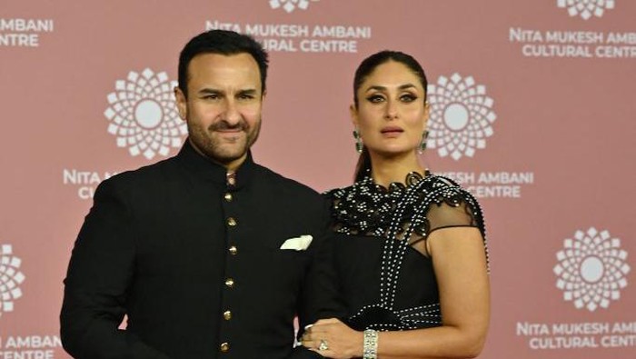 In this picture taken on April 1, 2023, Bollywood actors Saif Ali Khan (L) and Kareena Kapoor poses for pictures during the inauguration of the Nita Mukesh Ambani Cultural Centre (NMACC) at the Jio World Centre (JWC) in Mumbai. (Photo by SUJIT JAISWAL / AFP) (Photo by SUJIT JAISWAL/AFP via Getty Images)