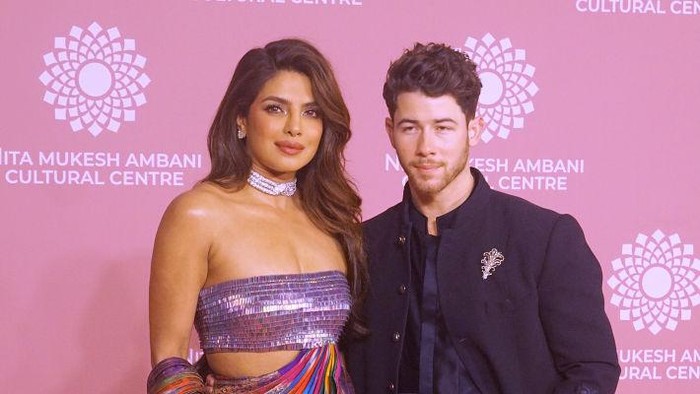 MUMBAI, INDIA - APRIL 01 :  Priyanka Chopra and Nick Jonas attend the launch of Nita Mukesh Ambani Cultural Centre (NMACC) on April 01, 2023 in Mumbai, India (Photo by Prodip Guha/Getty Images)