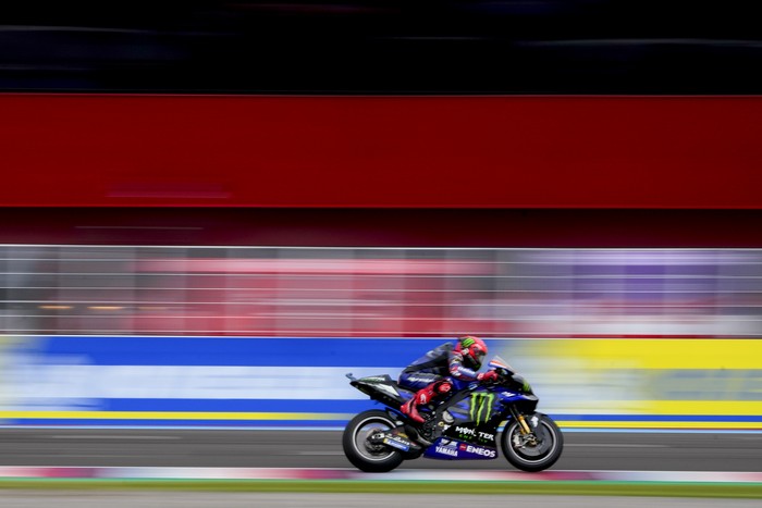 Fabio Quartararo, from France, drives his Yamaha during the MotoGP free practice in Termas de Rio Hondo, Argentina, Saturday, April 1, 2023. (AP Photo/Natacha Pisarenko)