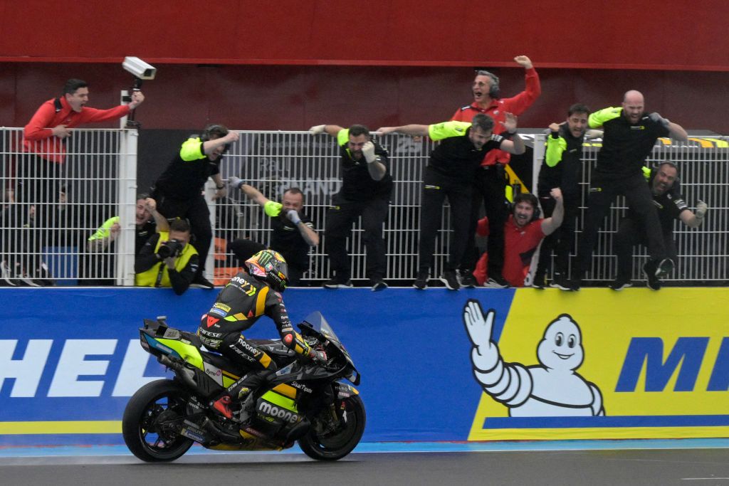 Ducati Italian rider Marco Bezzecchi celebrates with teammates after winning the Argentina Grand Prix MotoGP race, at Termas de Rio Hondo circuit in Santiago del Estero, Argentina, on April 2, 2023. (Photo by JUAN MABROMATA / AFP) (Photo by JUAN MABROMATA/AFP via Getty Images)