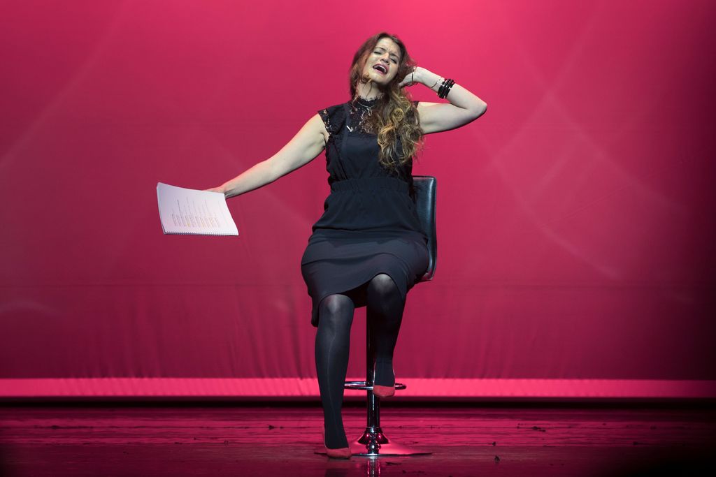 TOPSHOT - French Junior Minister for Gender Equality Marlene Schiappa performs on stage The Vagina Monologues, a play written by Eve Ensler, at the Bobino Theatre in Paris on March 7, 2018. / AFP PHOTO / THOMAS SAMSON        (Photo credit should read THOMAS SAMSON/AFP via Getty Images)