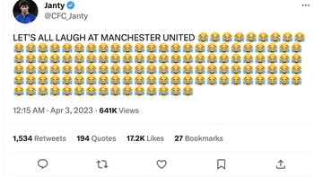 Postingan klasik menertawakan MU kembali muncul di akun ini. Foto: Twitter
