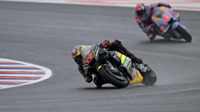 Ducati Italian riders Marco Bezzecchi (L) and Fabio Di Giannantonio take a turn during the Argentina Grand Prix MotoGP warm up, at Termas de Rio Hondo circuit, in Santiago del Estero, Argentina, on April 2, 2023. (Photo by JUAN MABROMATA / AFP) (Photo by JUAN MABROMATA/AFP via Getty Images)