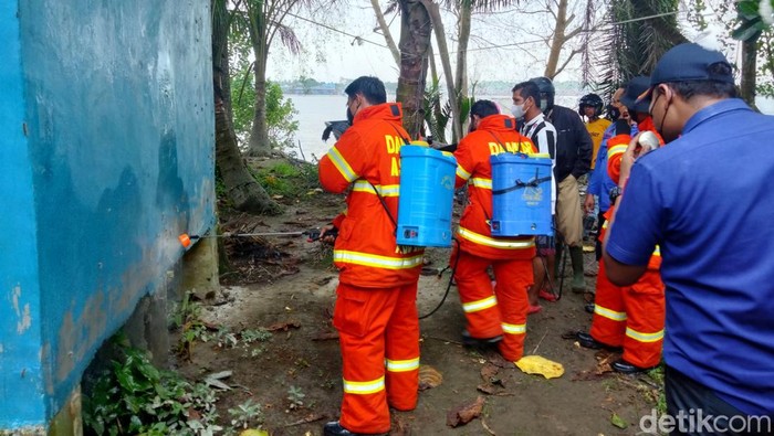 Tim Damkar dan BPBD Asahan menyemprot rumah warga yang diserang ulat bulu.