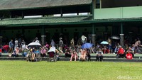 Seorang warga bernama Wati rela menunggu di tengah lapangan karena informasi jam pengobatan yang mundur. Dia berharap ayahnya dapat sembuh melalui pengobatan Ida Dayak ini. (Devi Puspitasari/detikcom)