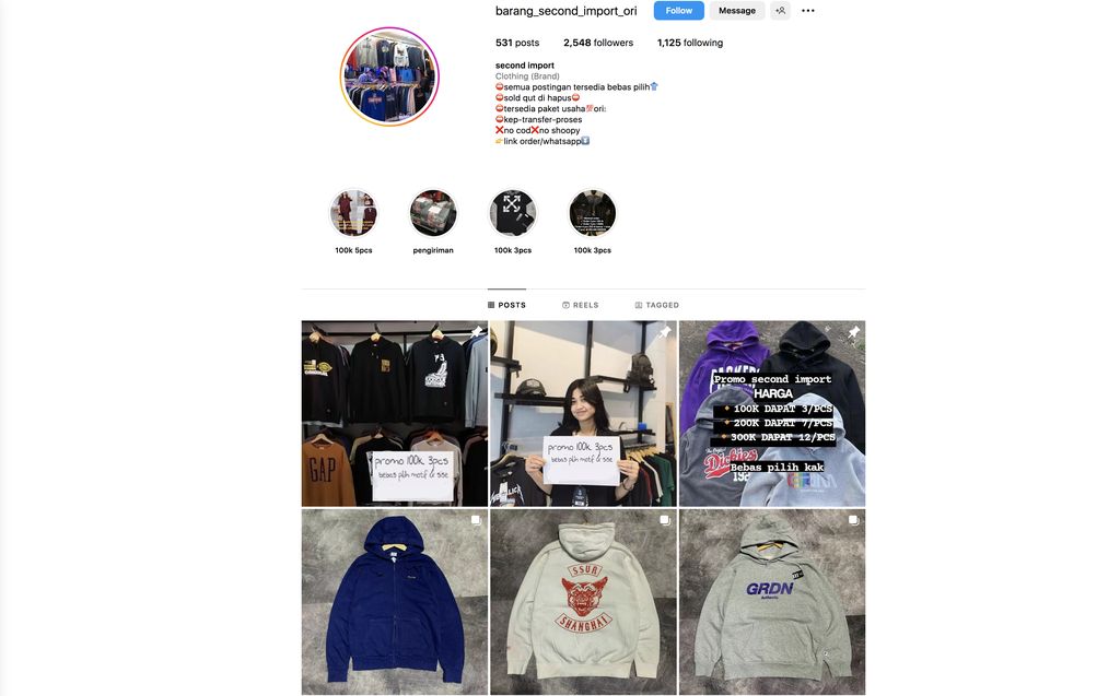 Barang Impor Bekas di pasarkan pada Laman media sosial instagram. (Tangkapan Layar Instagram @barang_second_Ori)