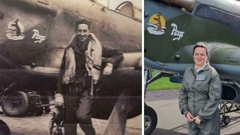 Seorang wanita mengulang pose foto kakeknya di jaman dulu. Foto: Boredpanda