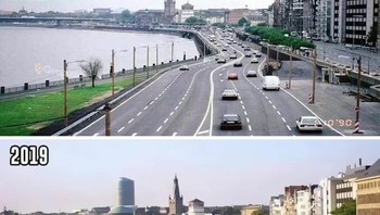 Kota Düsseldorf, Jerman di tahun 1990 vs 2019. Dulu penuh untuk jalan raya sekarang dijadikan taman dan area jalan kaki. Foto: Boredpanda