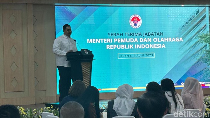 Seremoni Sertijab Menpora Dito di Wisma Kemenpora, Senayan, pada Selasa (4/4/2023).
