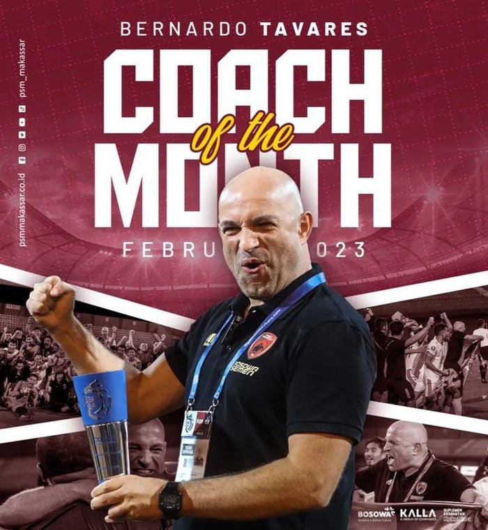 Pelatih Bernardo Tavares PSM Makassar raih trofi pelatih terbaik edisi Februari 2023.